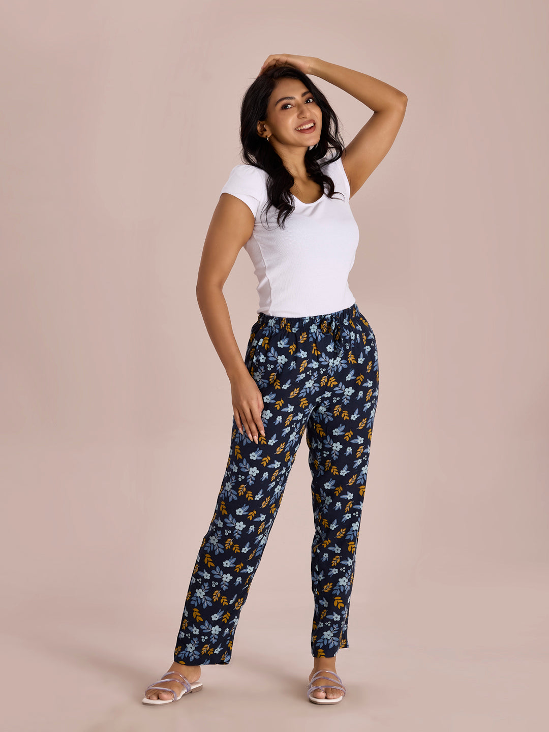 Navy Woven Viscose Printed Lounge Pants