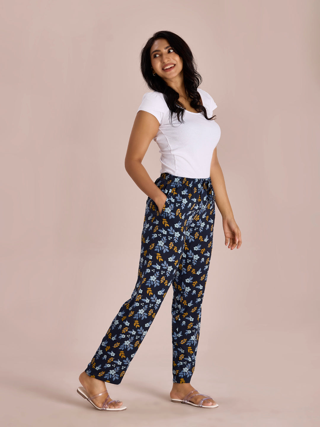 Navy Woven Viscose Printed Lounge Pants