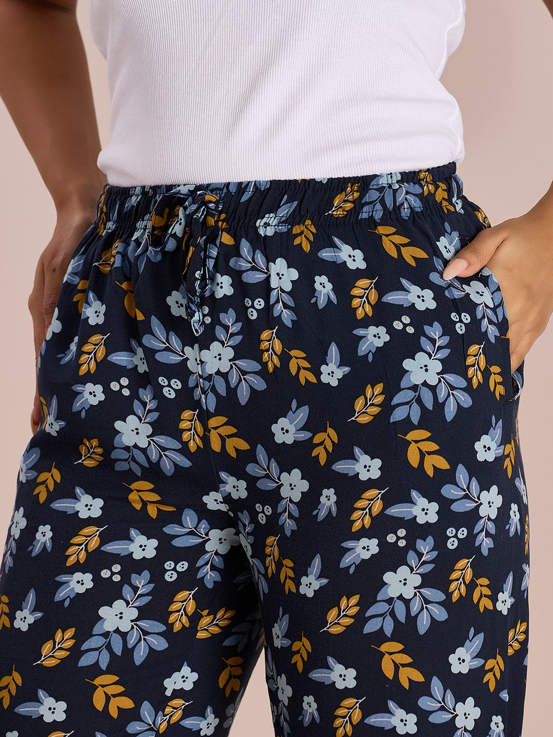 Navy Woven Viscose Printed Lounge Pants