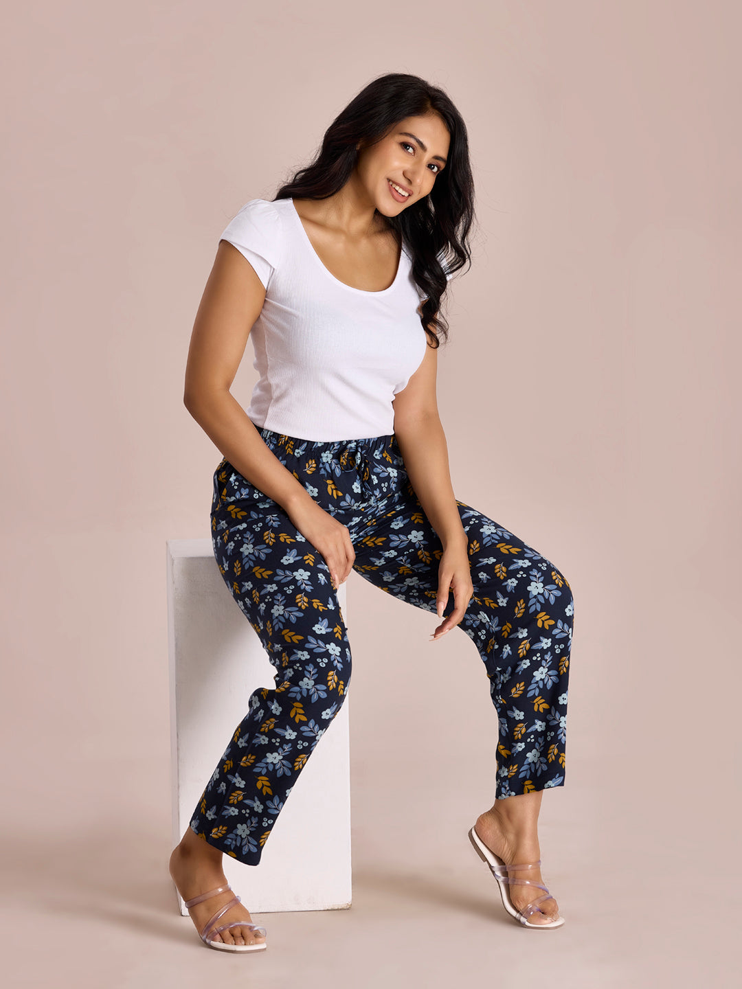 Navy Woven Viscose Printed Lounge Pants