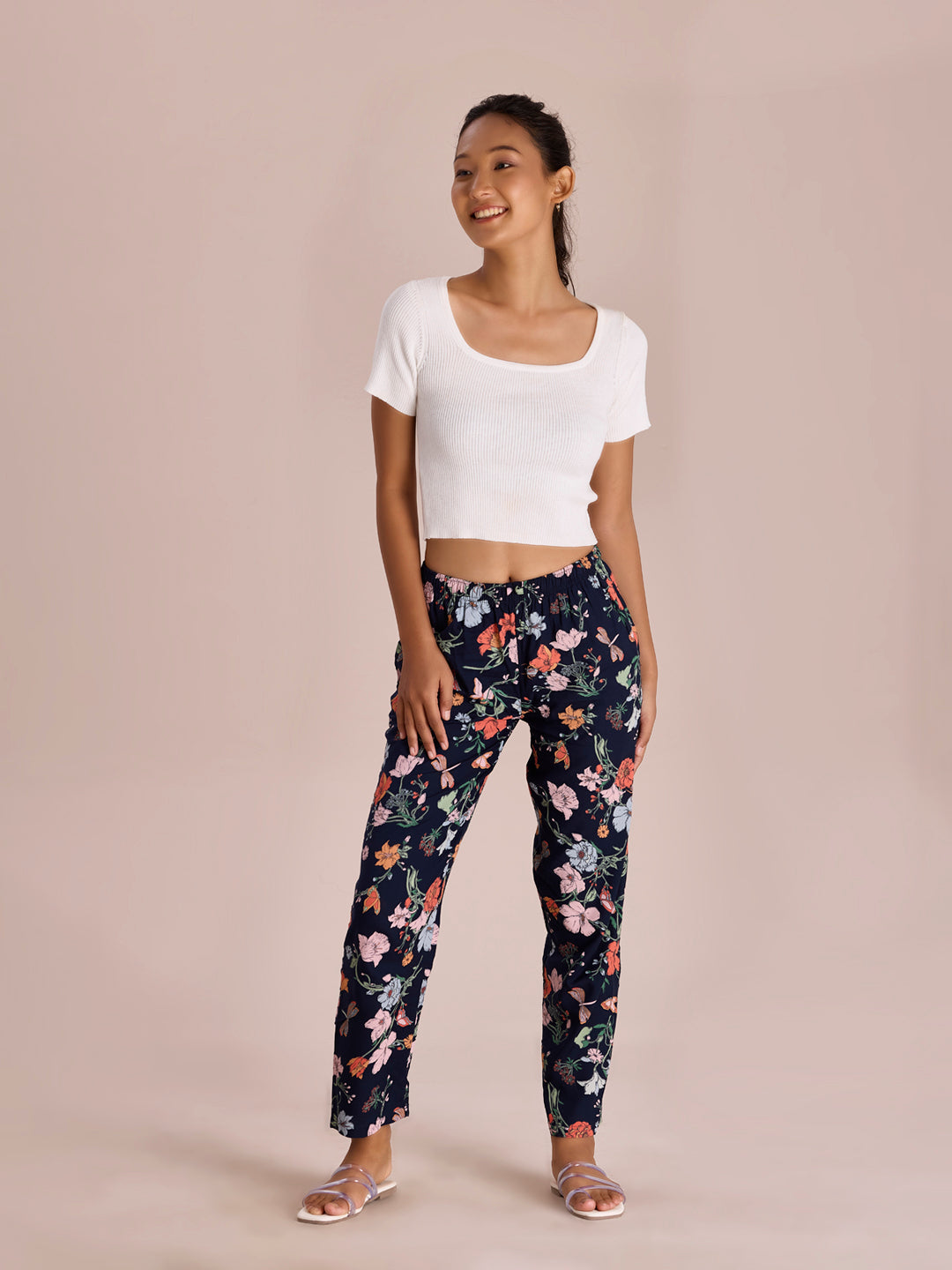 Navy Woven Viscose Printed Lounge Pants