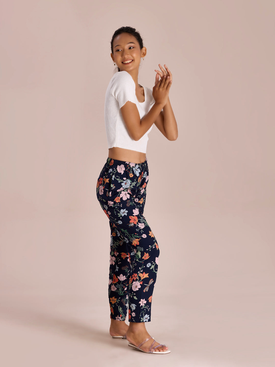 Navy Woven Viscose Printed Lounge Pants