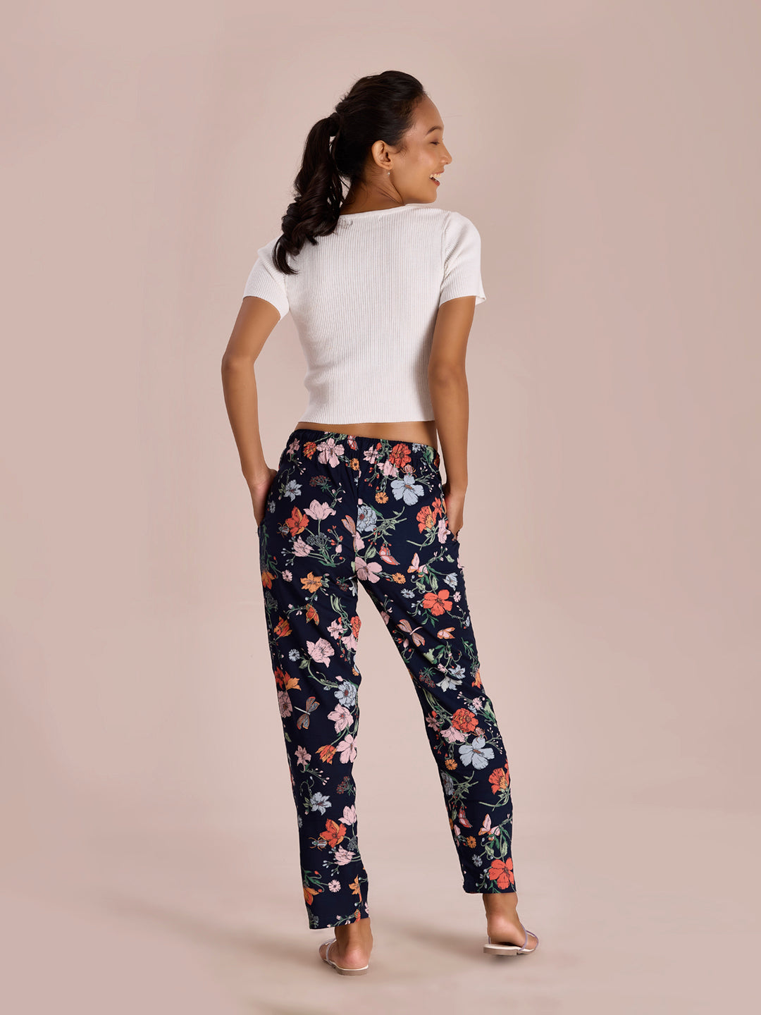 Navy Woven Viscose Printed Lounge Pants