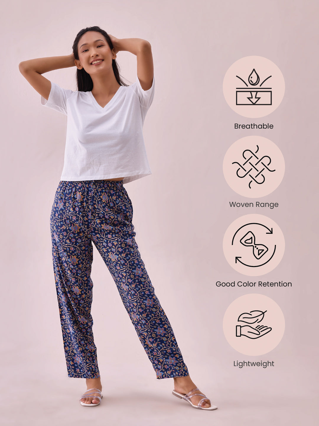 Navy Woven Viscose Printed Lounge Pants