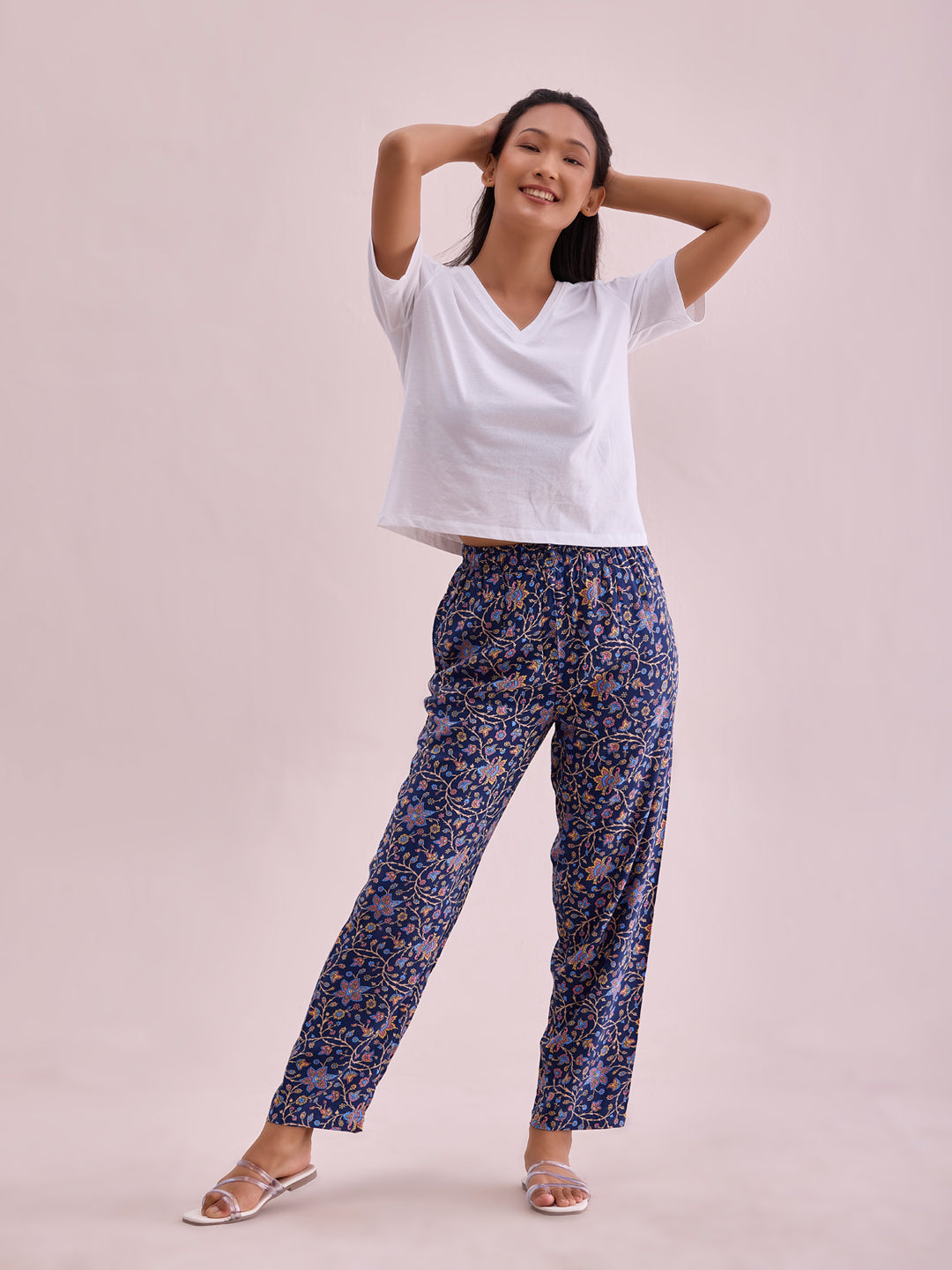 Navy Woven Viscose Printed Lounge Pants