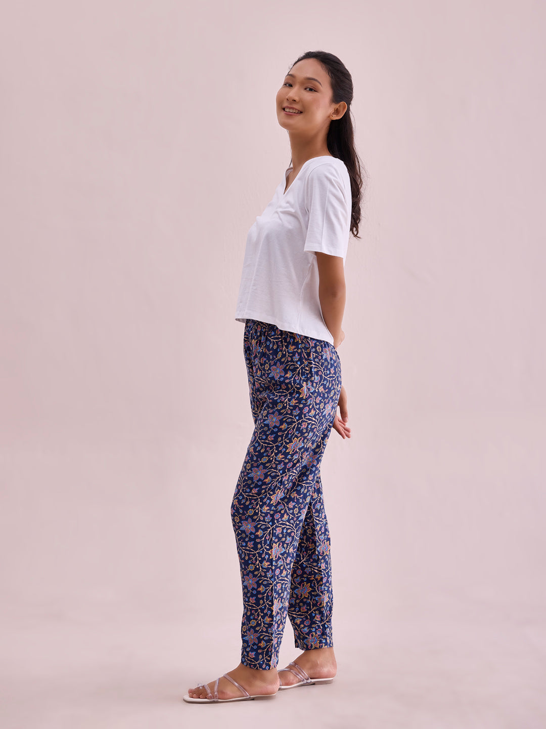 Navy Woven Viscose Printed Lounge Pants