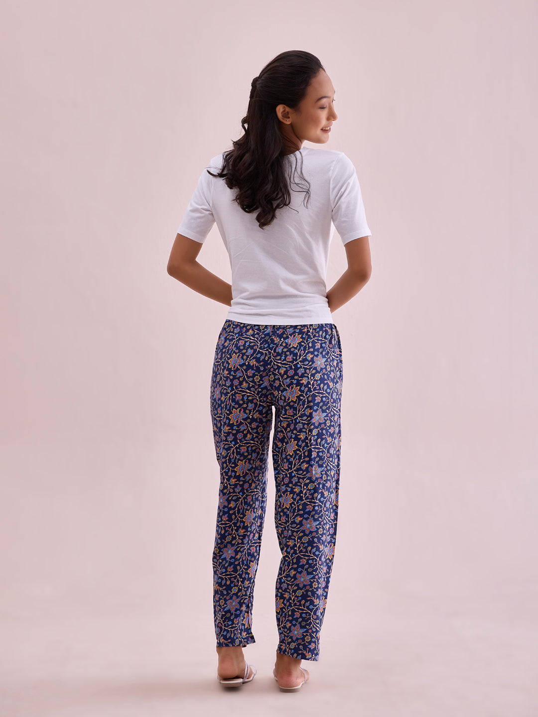 Navy Woven Viscose Printed Lounge Pants