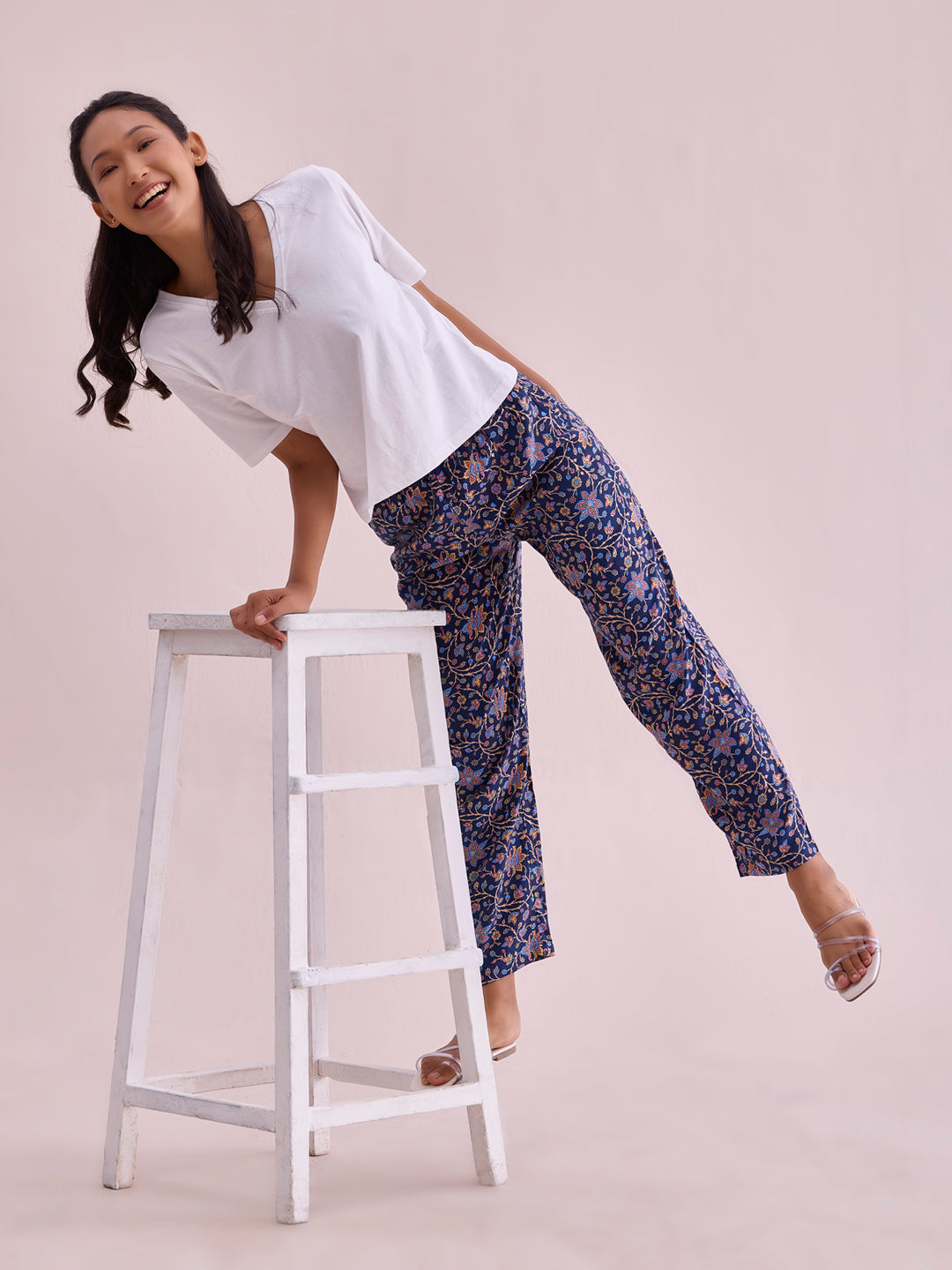 Navy Woven Viscose Printed Lounge Pants