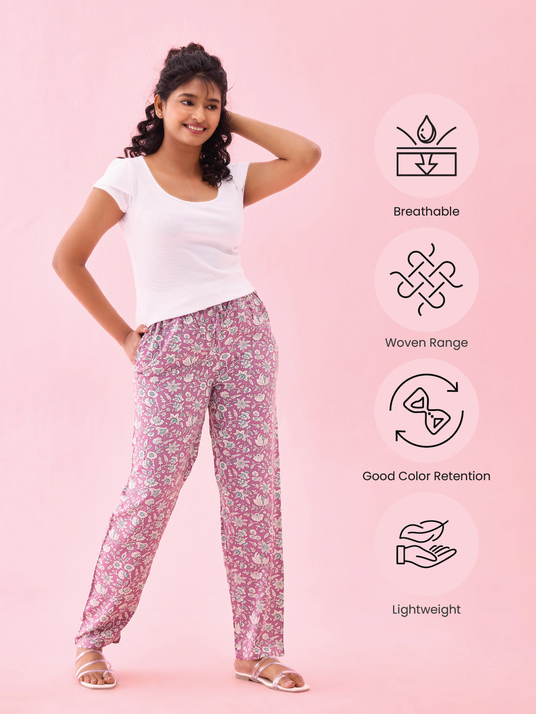 Purple Woven Viscose Printed Lounge Pants