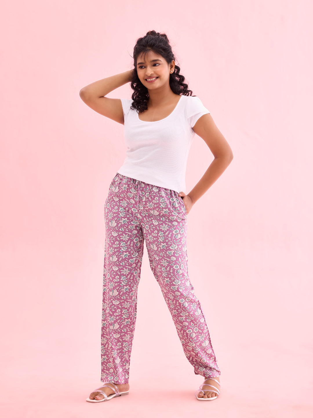 Purple Woven Viscose Printed Lounge Pants