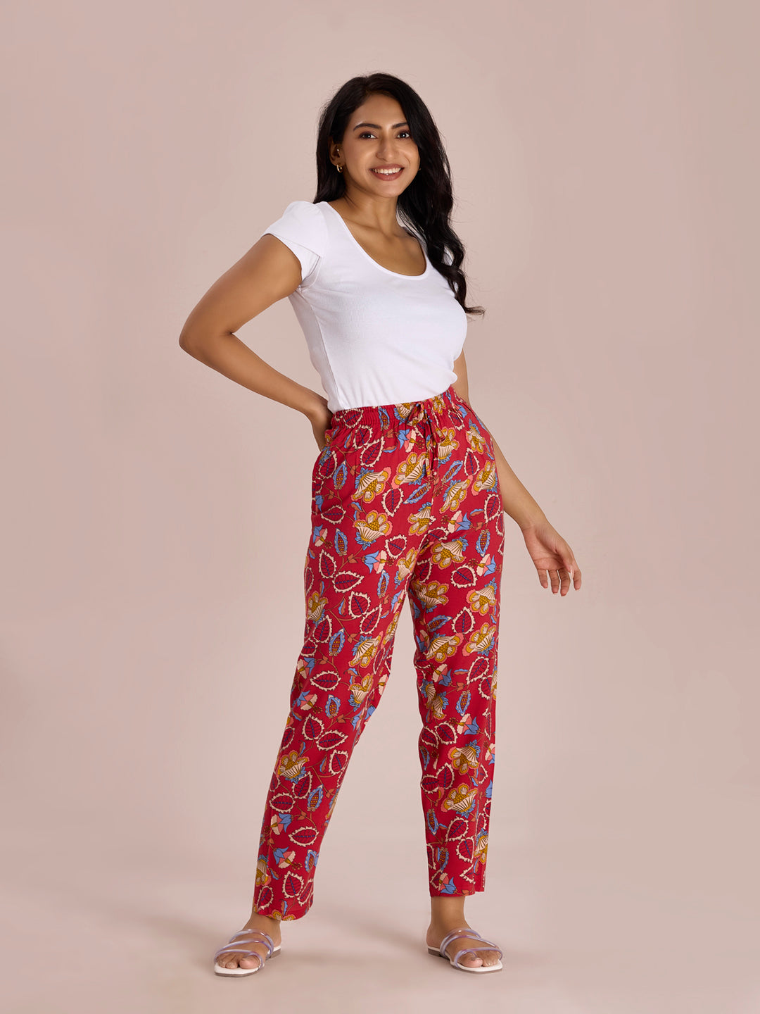 Red Woven Viscose Printed Lounge Pants