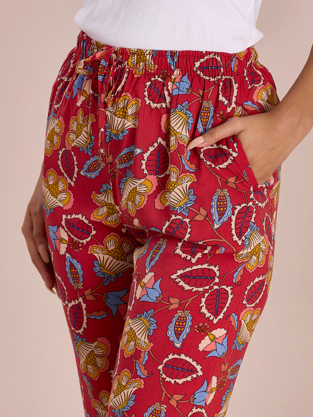 Red Woven Viscose Printed Lounge Pants