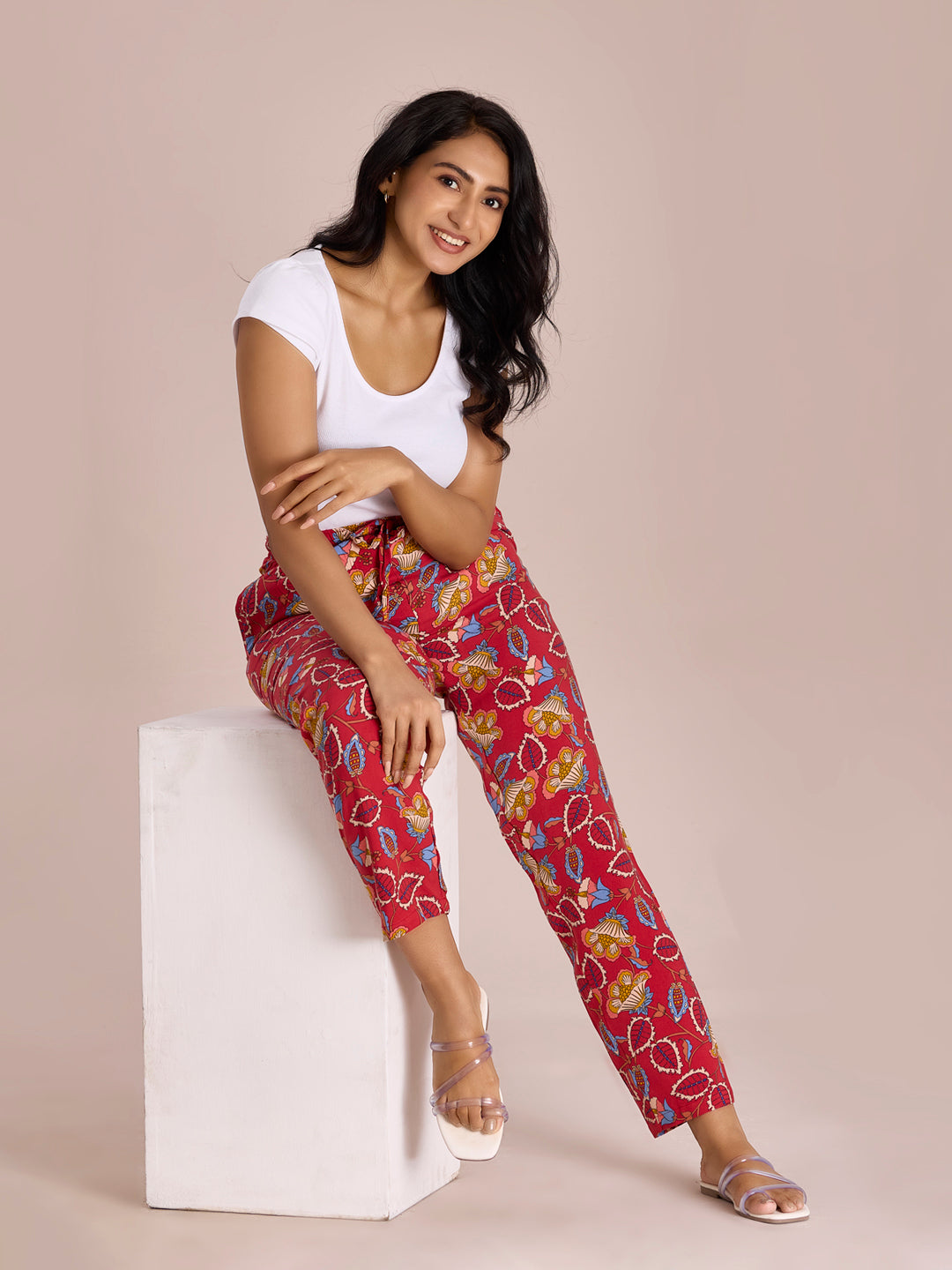 Red Woven Viscose Printed Lounge Pants