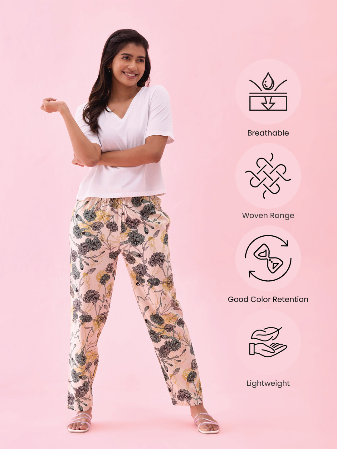 White Woven Viscose Printed Lounge Pants