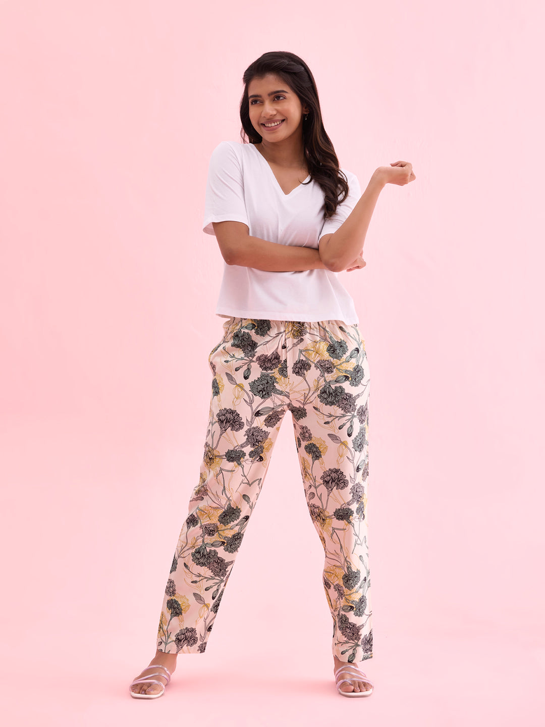 White Woven Viscose Printed Lounge Pants