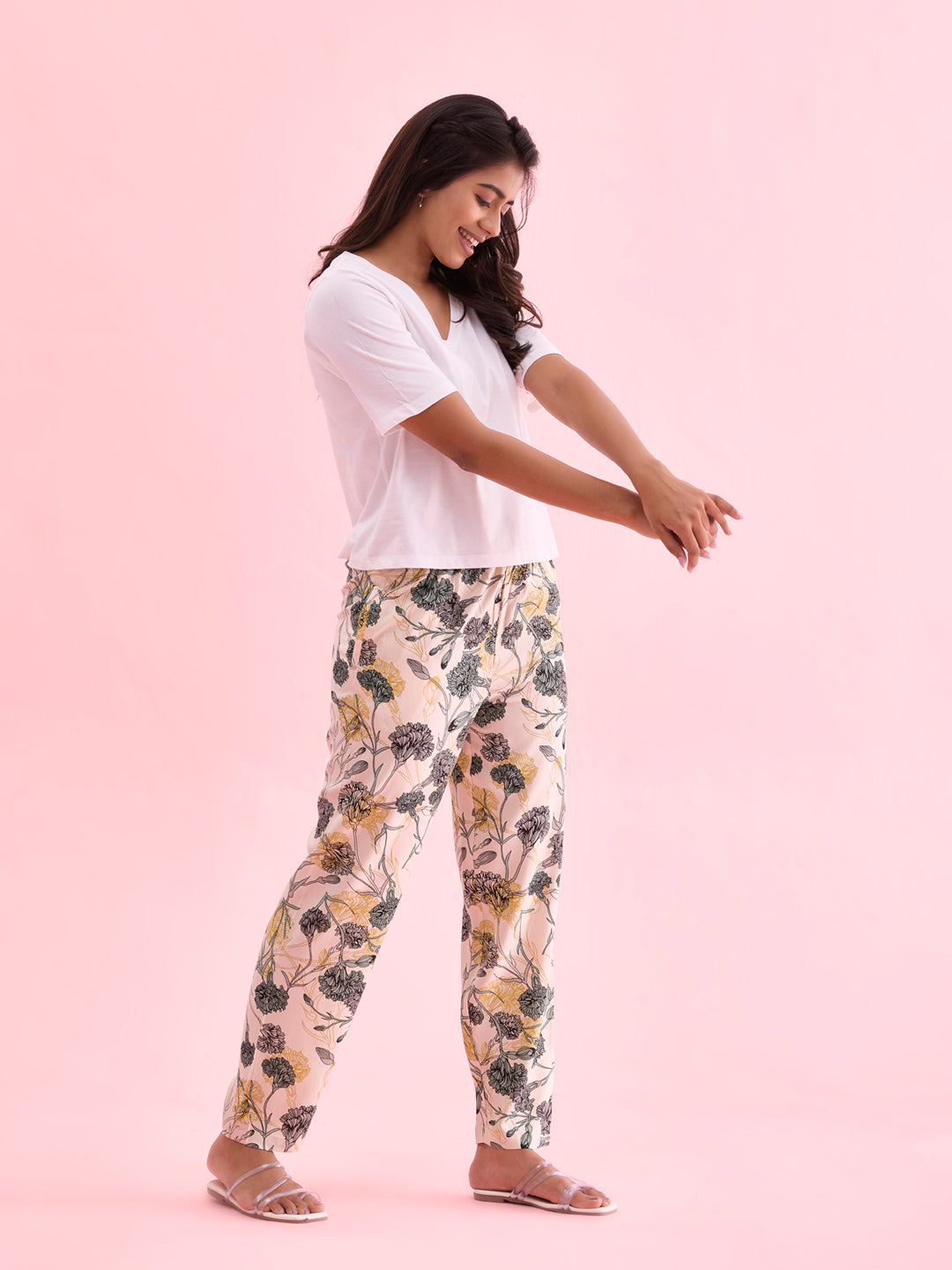 White Woven Viscose Printed Lounge Pants