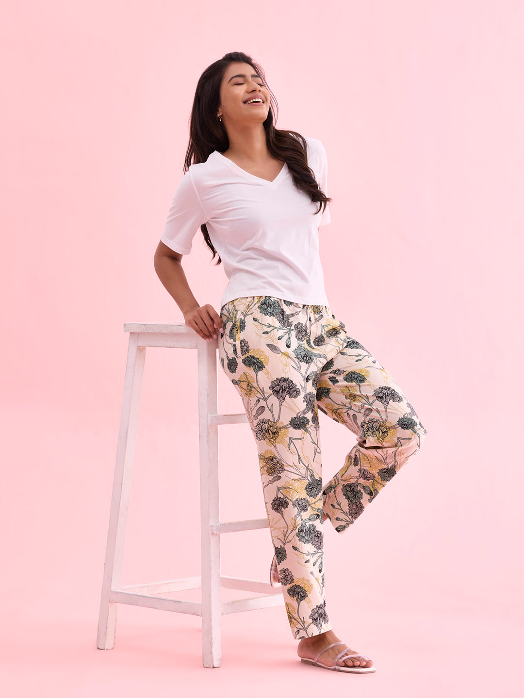 White Woven Viscose Printed Lounge Pants