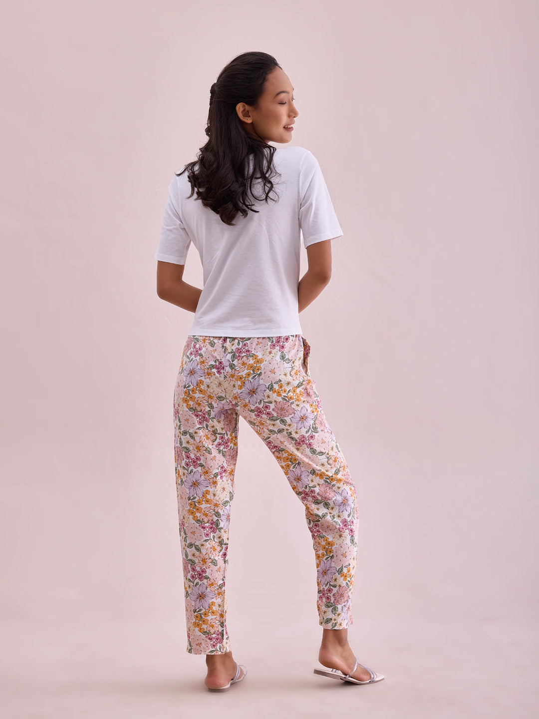 White Woven Viscose Printed Lounge Pants