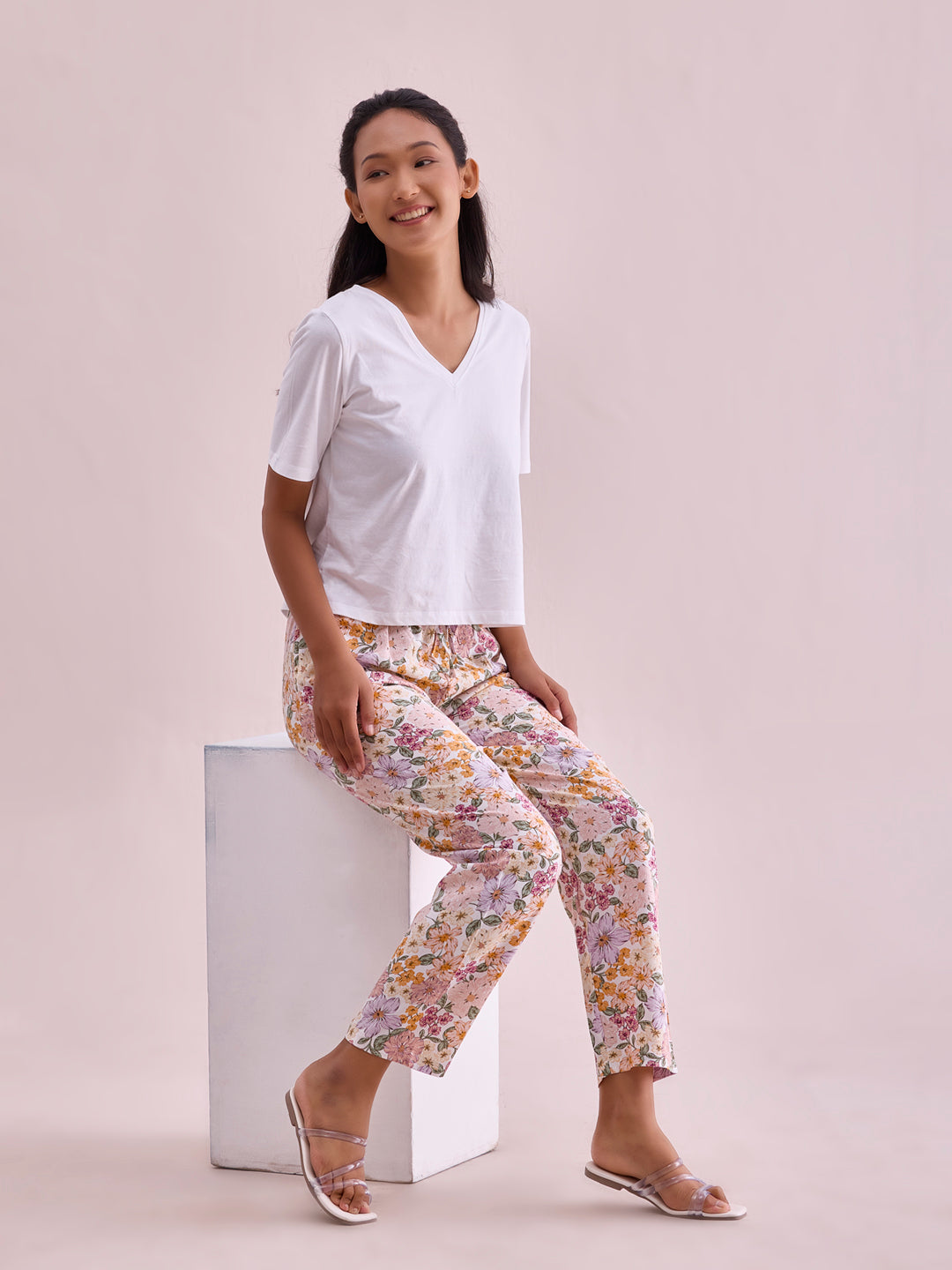 White Woven Viscose Printed Lounge Pants