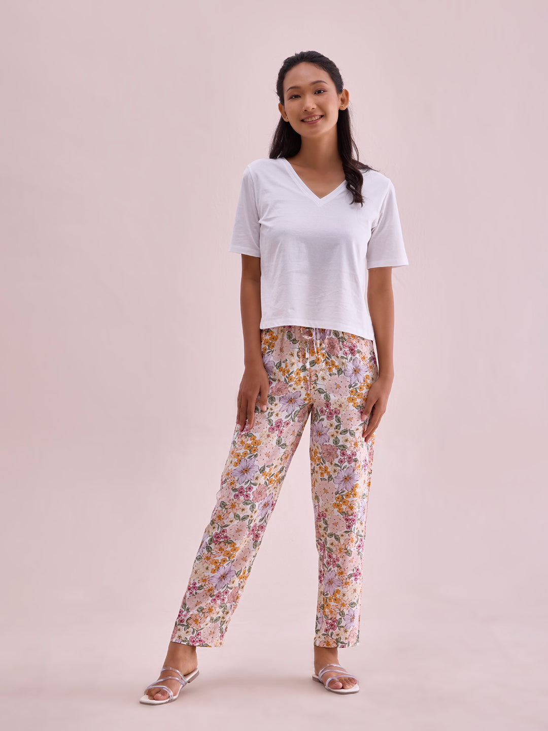 White Woven Viscose Printed Lounge Pants