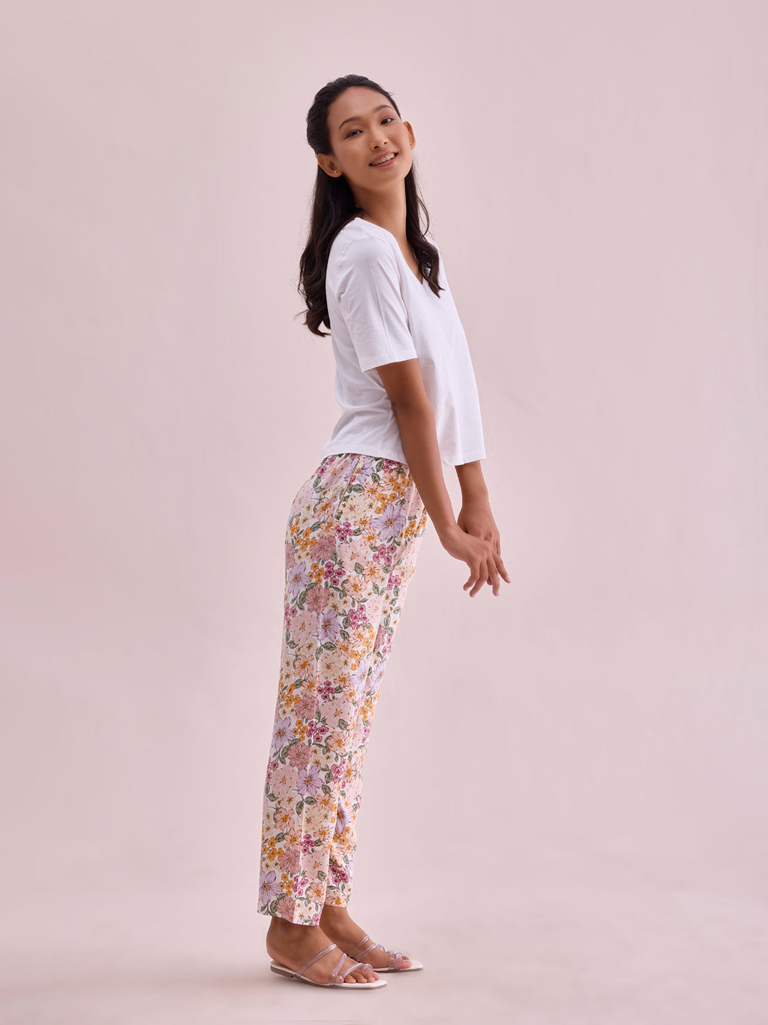 White Woven Viscose Printed Lounge Pants