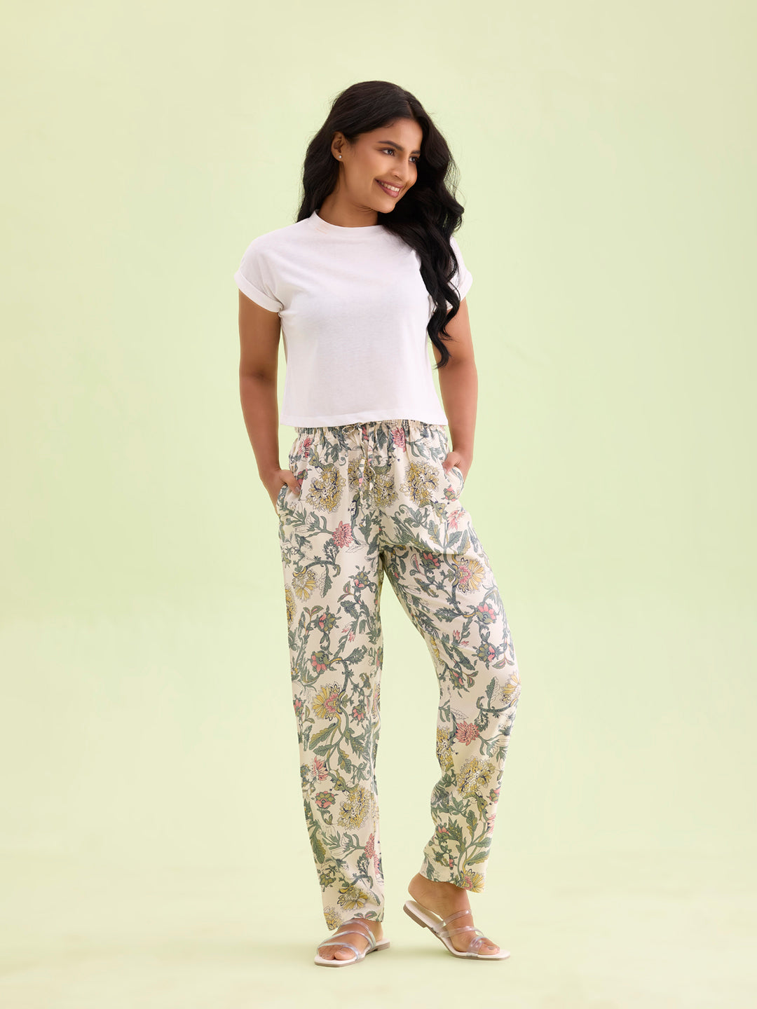 White Woven Viscose Printed Lounge Pants