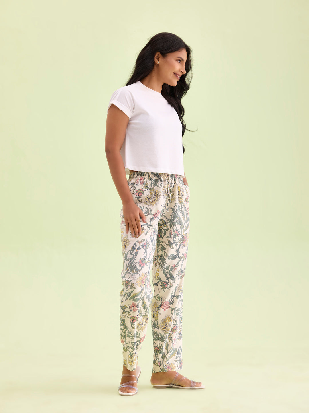 White Woven Viscose Printed Lounge Pants