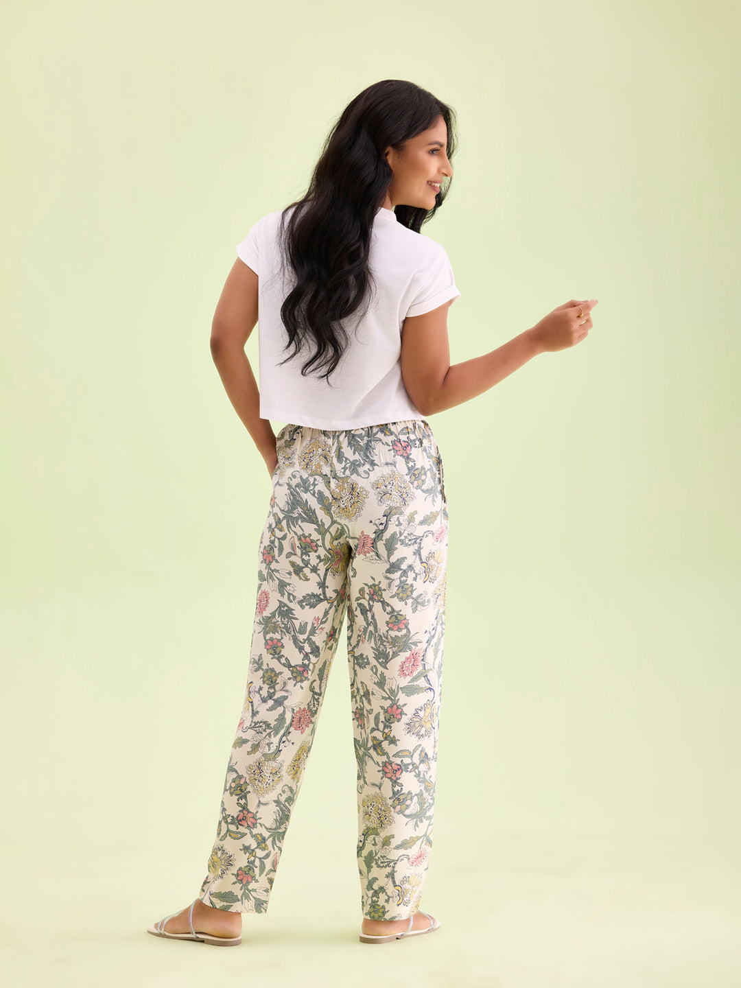 White Woven Viscose Printed Lounge Pants