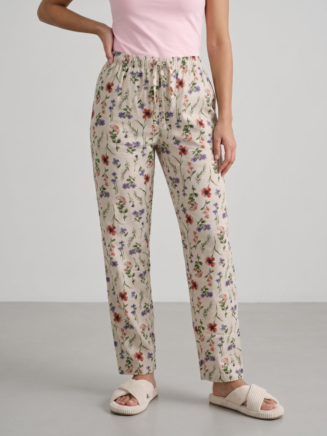 White Woven Viscose Printed Lounge Pants