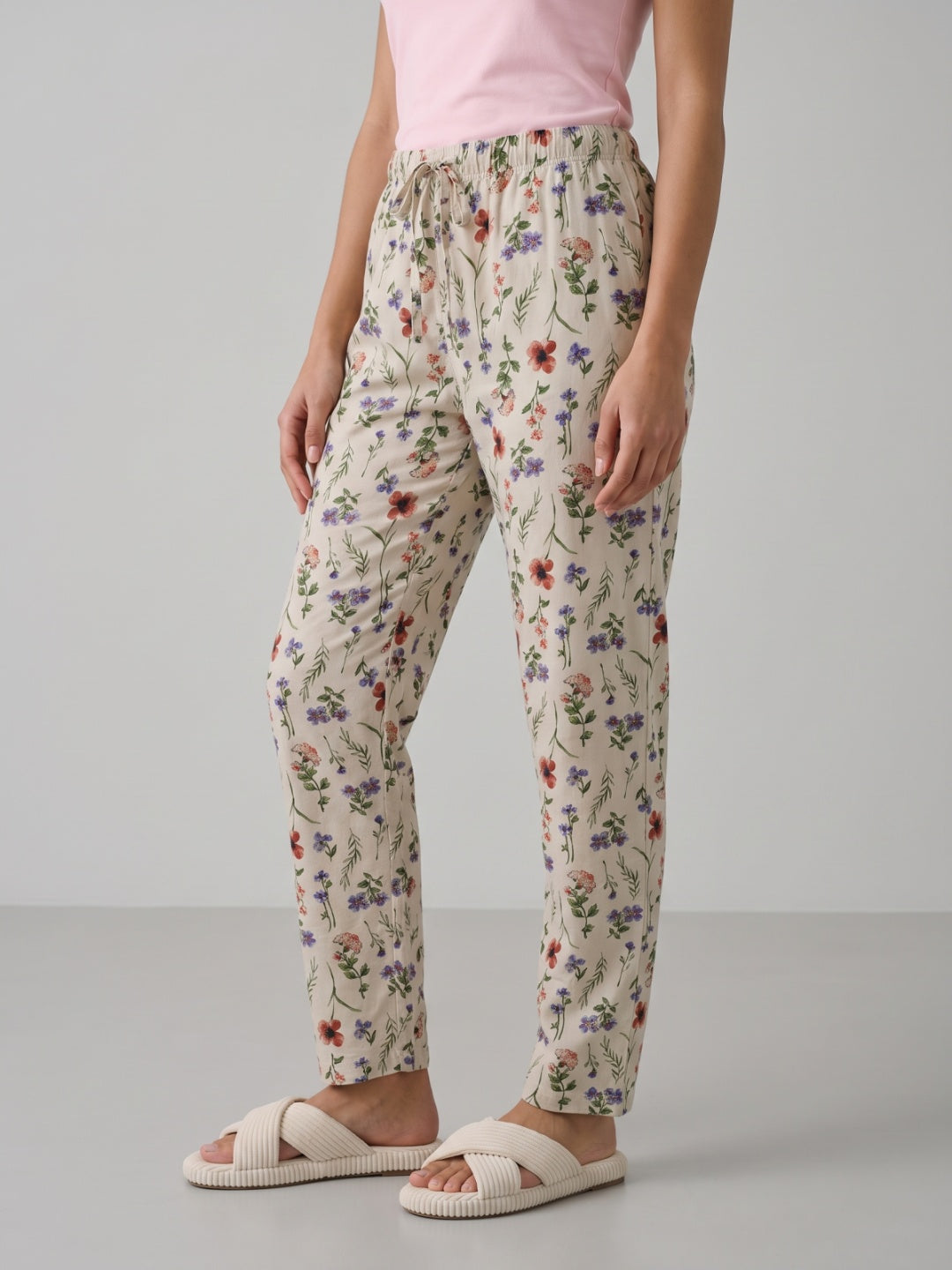 White Woven Viscose Printed Lounge Pants