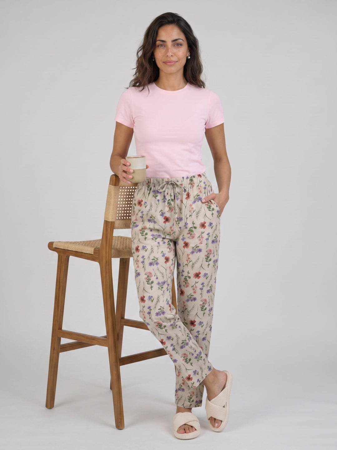 White Woven Viscose Printed Lounge Pants