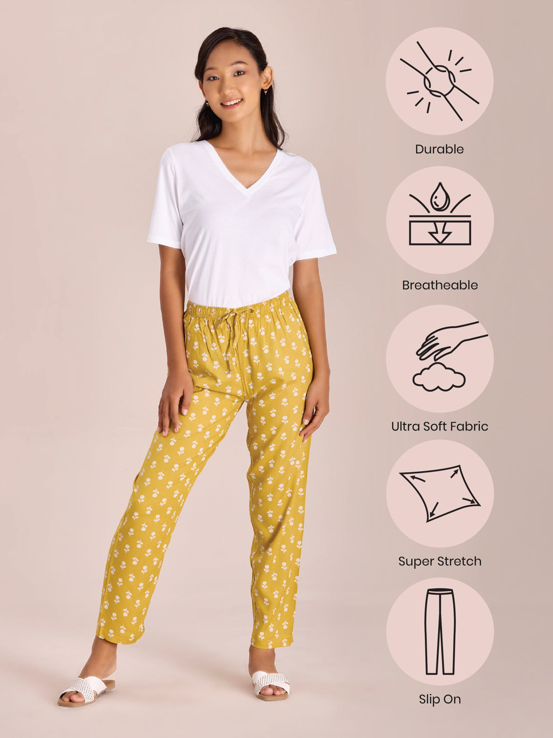 Yellow Woven Viscose Printed Lounge Pants