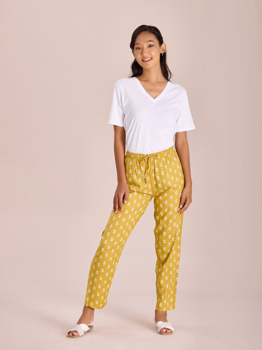 Yellow Woven Viscose Printed Lounge Pants