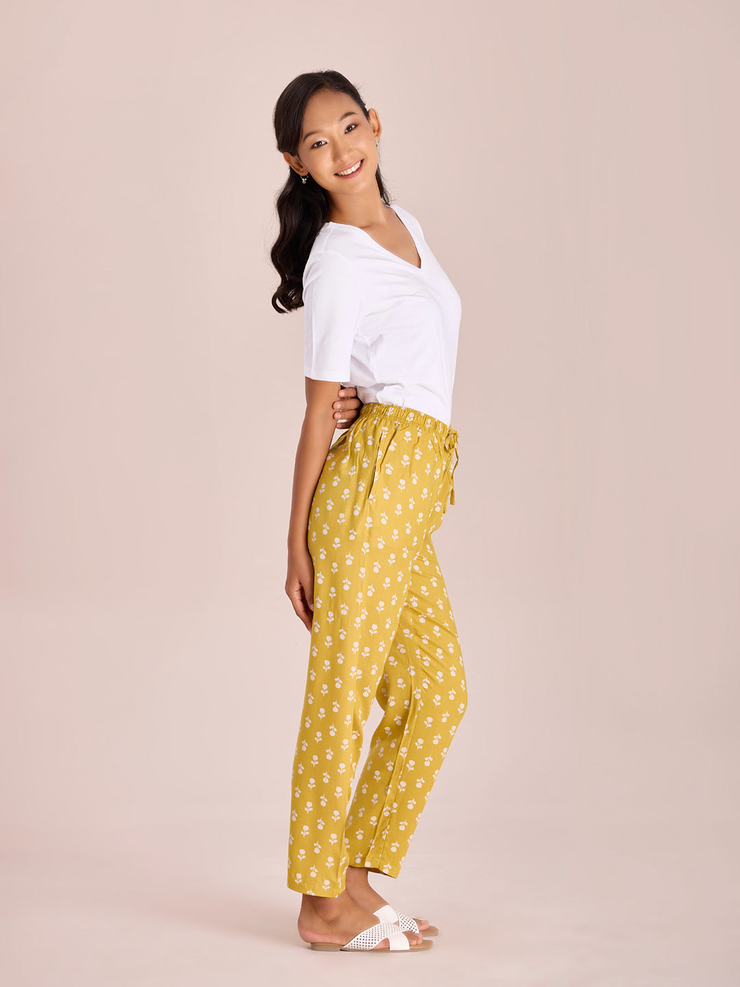 Yellow Woven Viscose Printed Lounge Pants