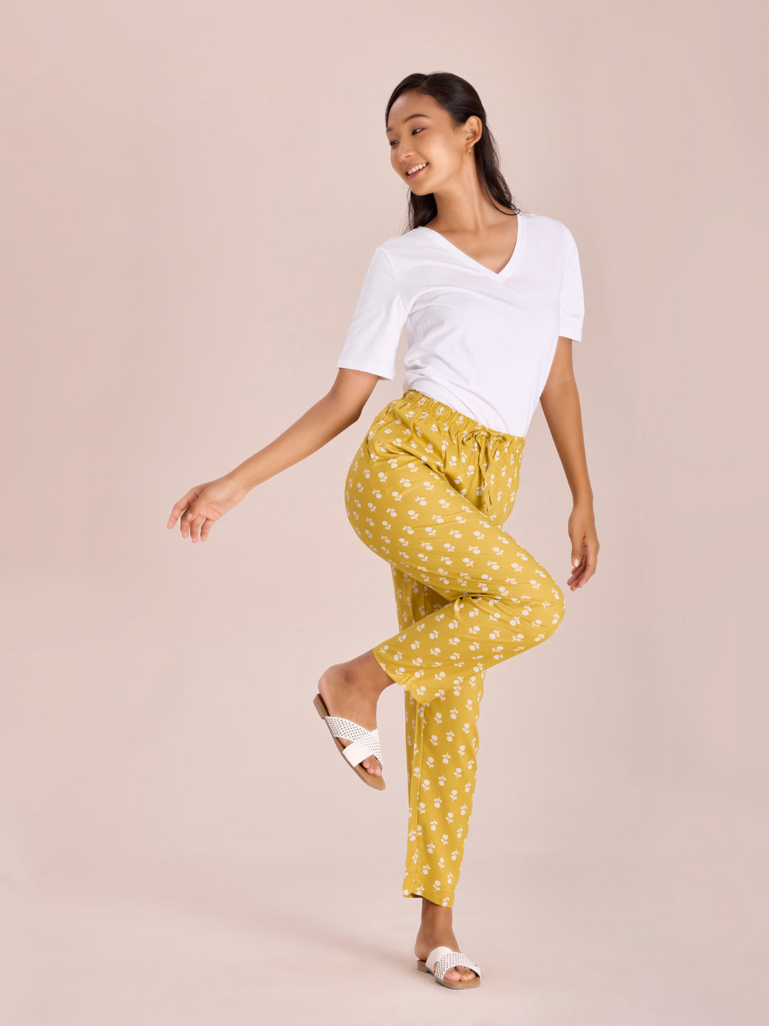 Yellow Woven Viscose Printed Lounge Pants