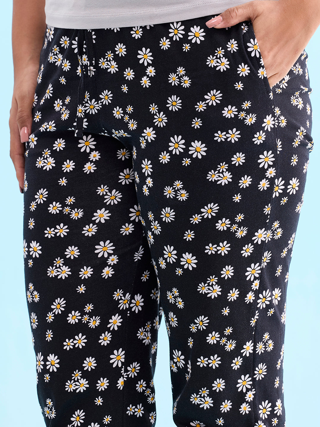 Black Cotton Knit Printed Lounge Pants