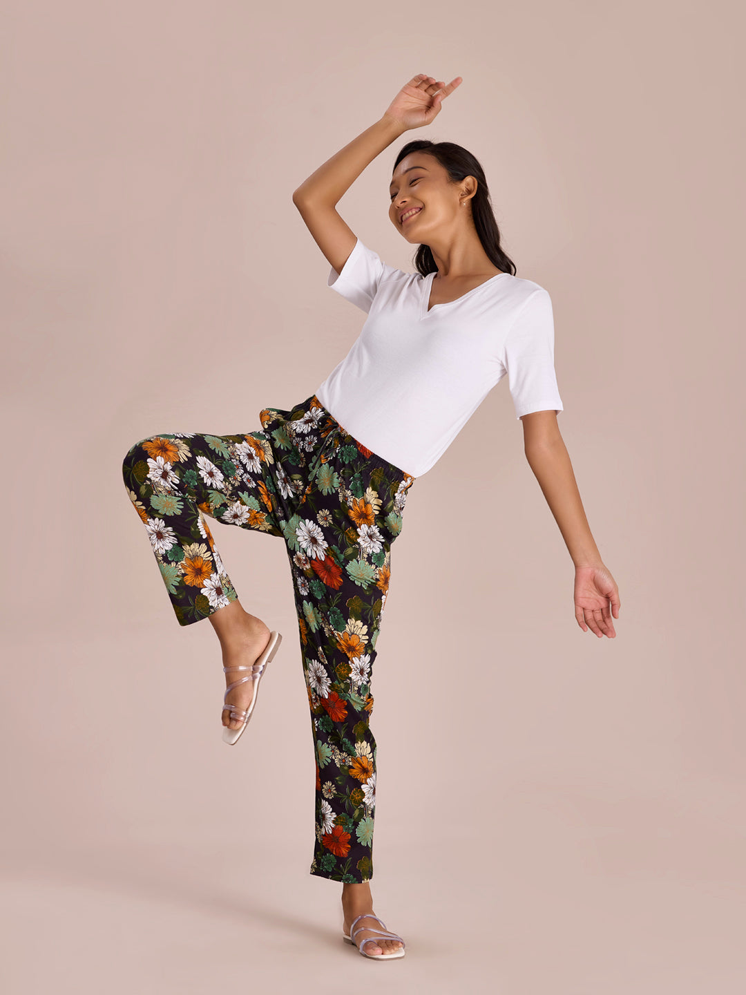 Black Cotton Knit Printed Lounge Pants