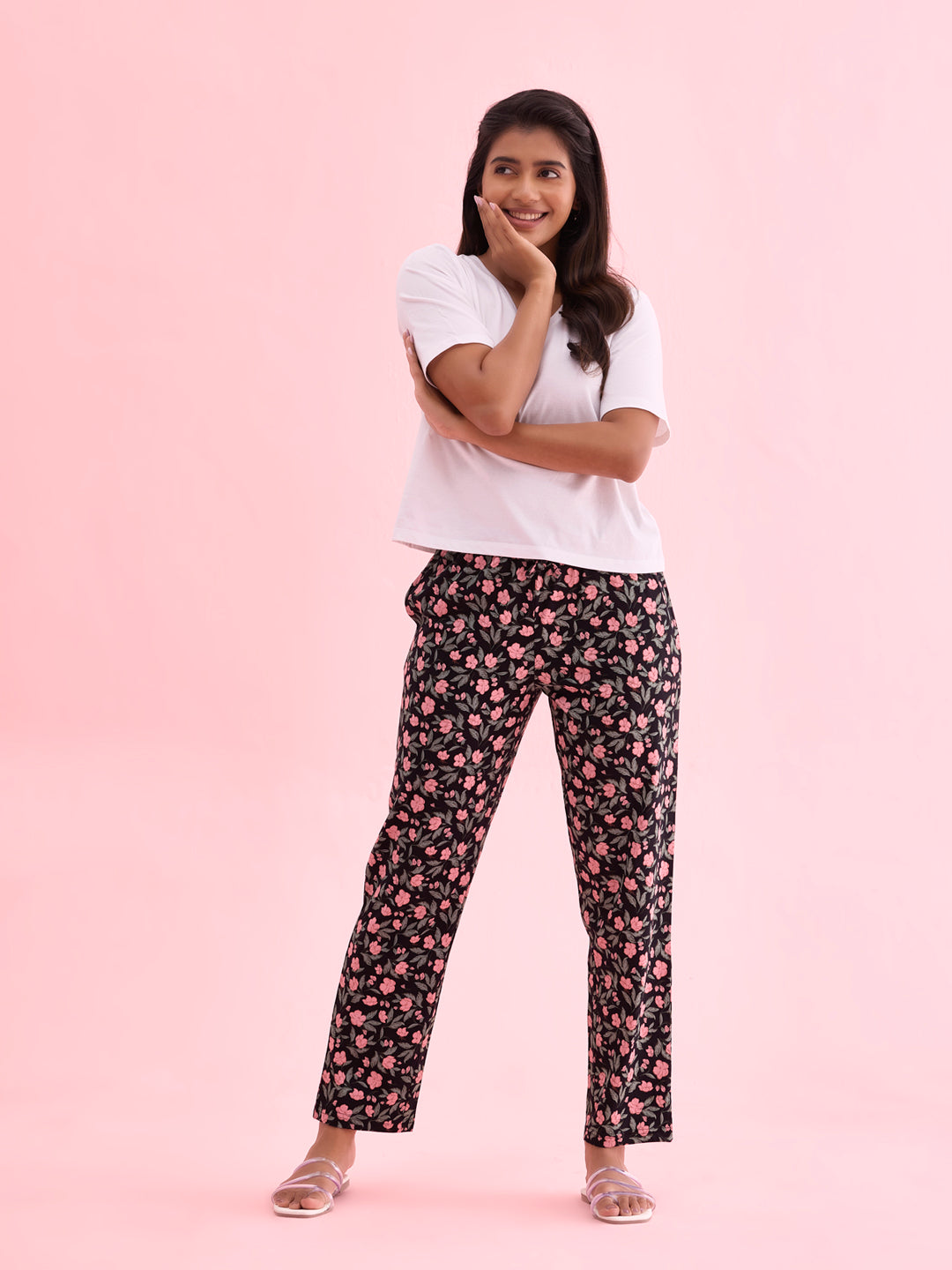 Black Cotton Knit Printed Lounge Pants