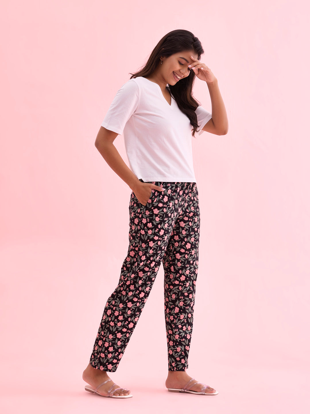 Black Cotton Knit Printed Lounge Pants