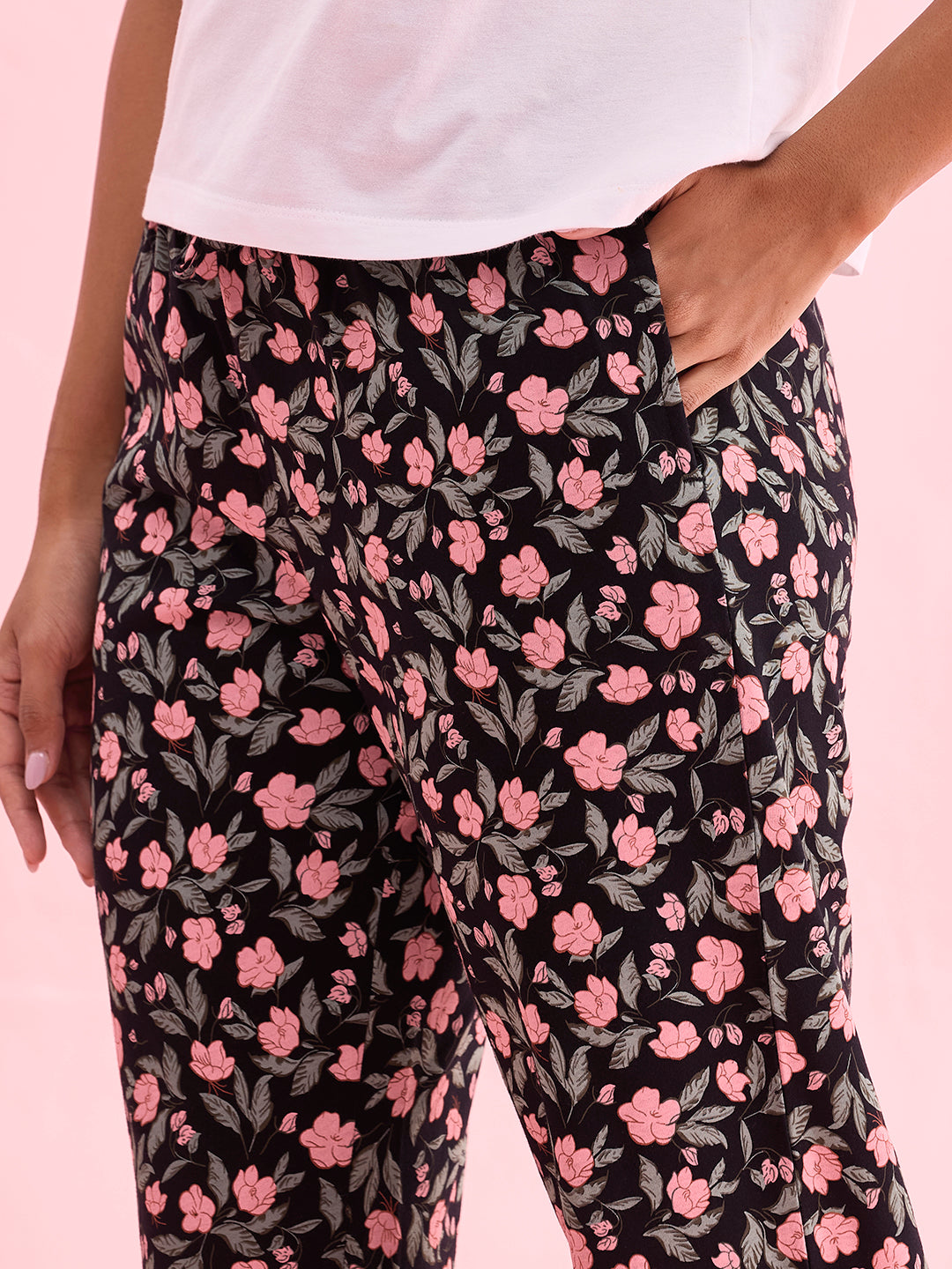 Black Cotton Knit Printed Lounge Pants