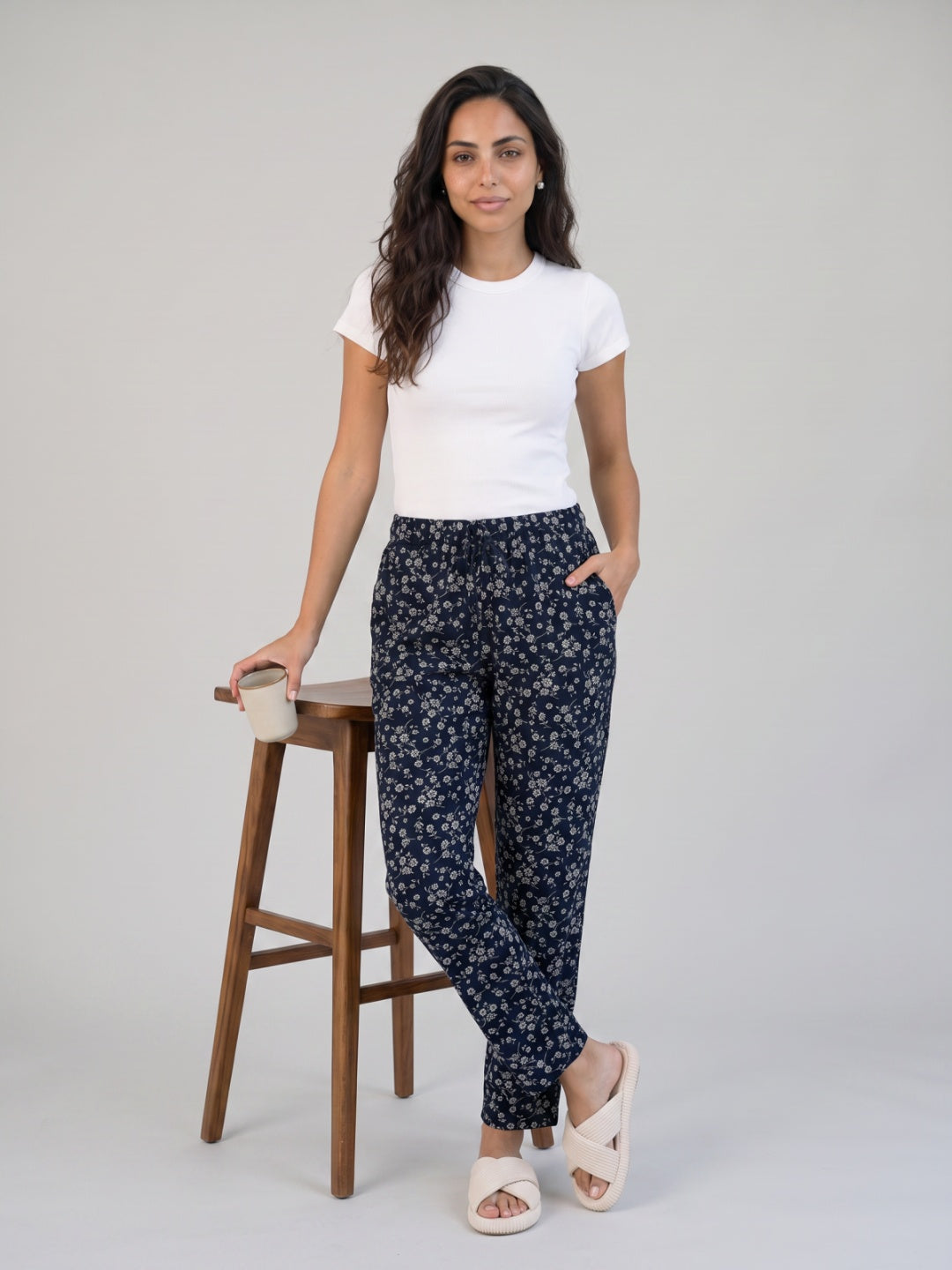 Black Cotton Knit Printed Lounge Pants