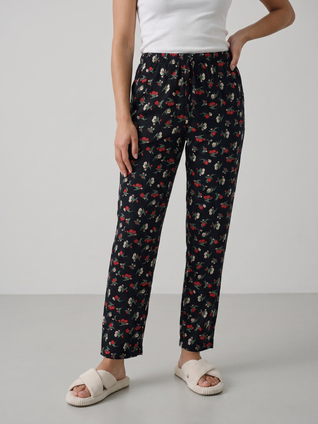 Black Cotton Knit Printed Lounge Pants