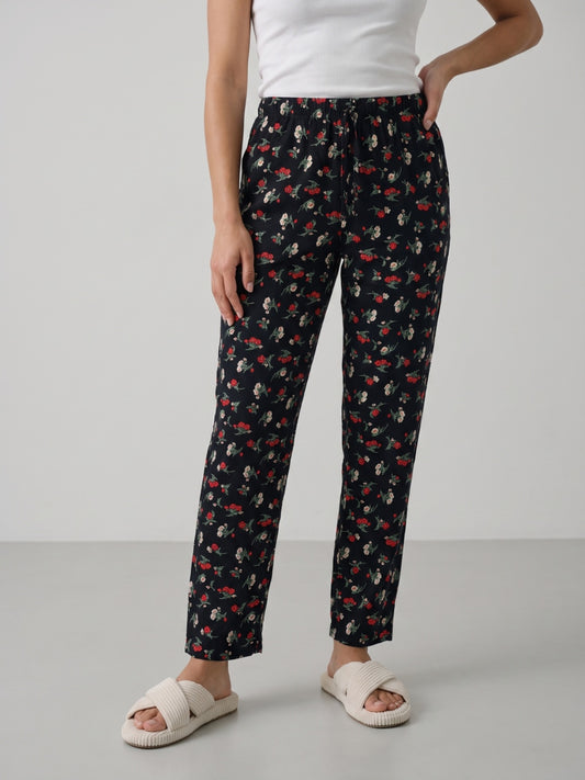 Black Cotton Knit Printed Lounge Pants