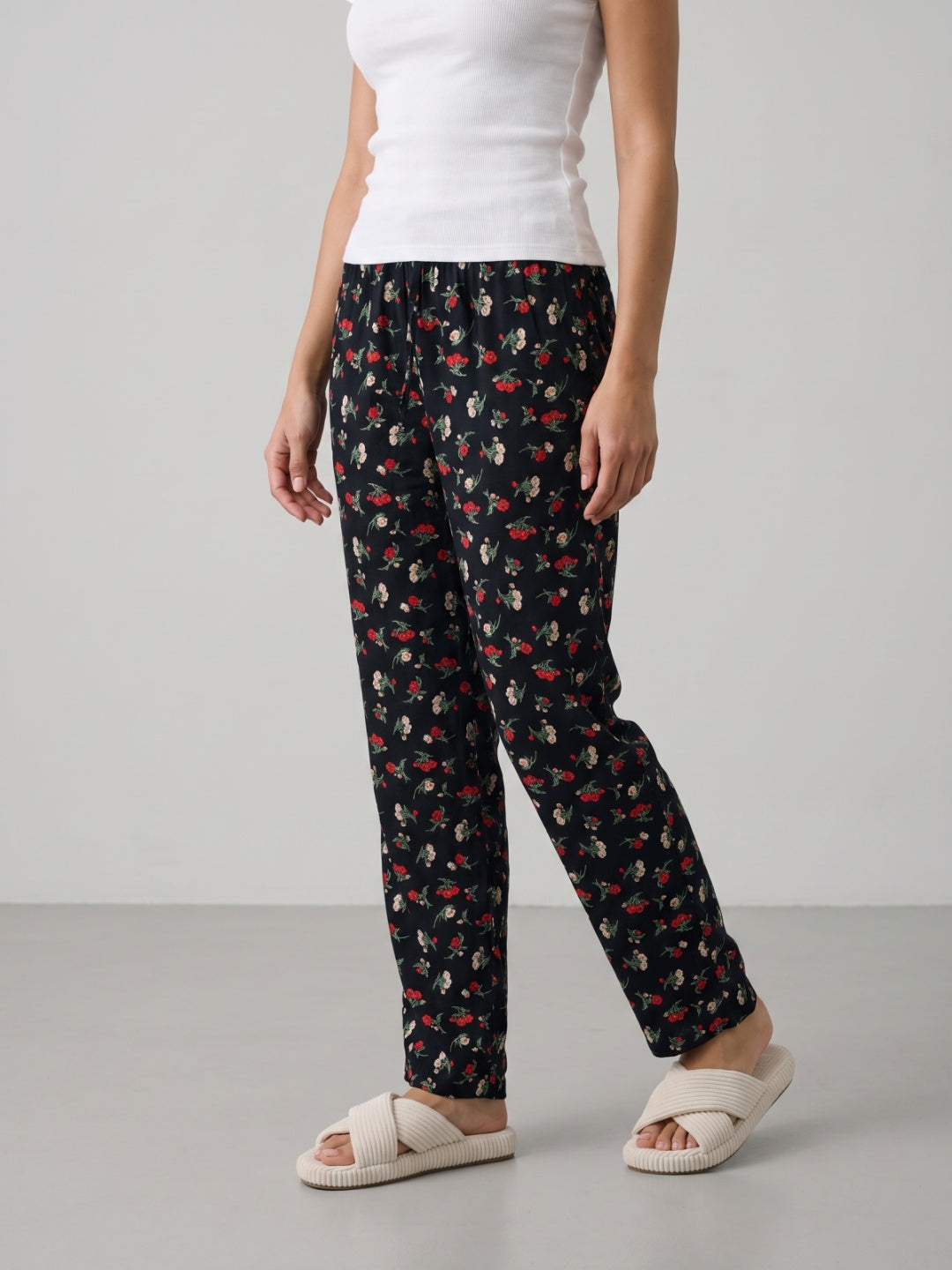 Black Cotton Knit Printed Lounge Pants