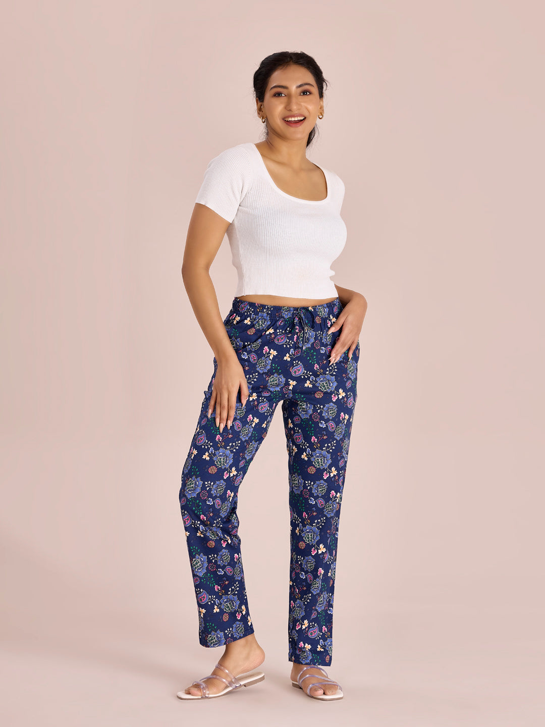 Blue Cotton Knit Printed Lounge Pants