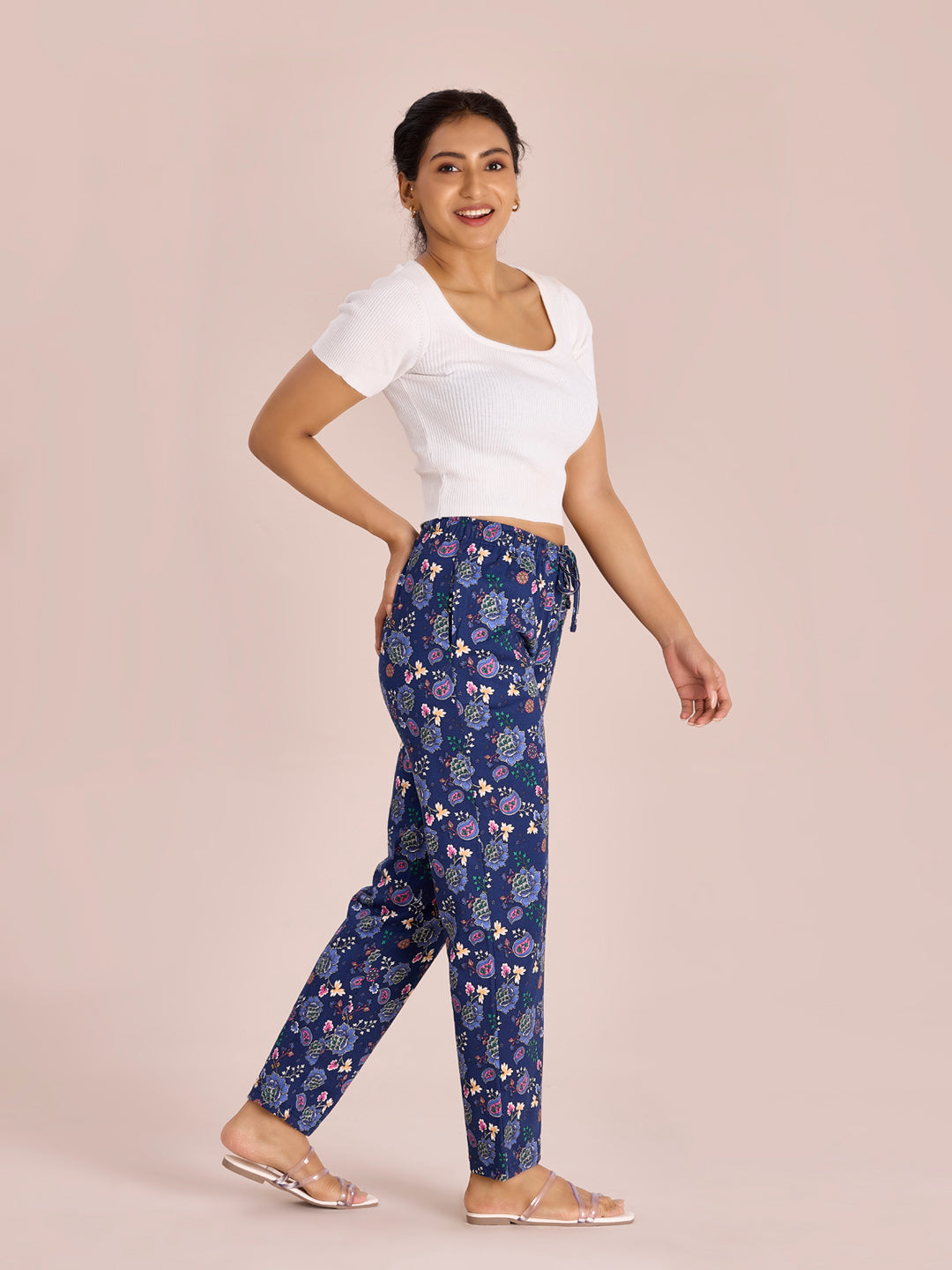 Blue Cotton Knit Printed Lounge Pants