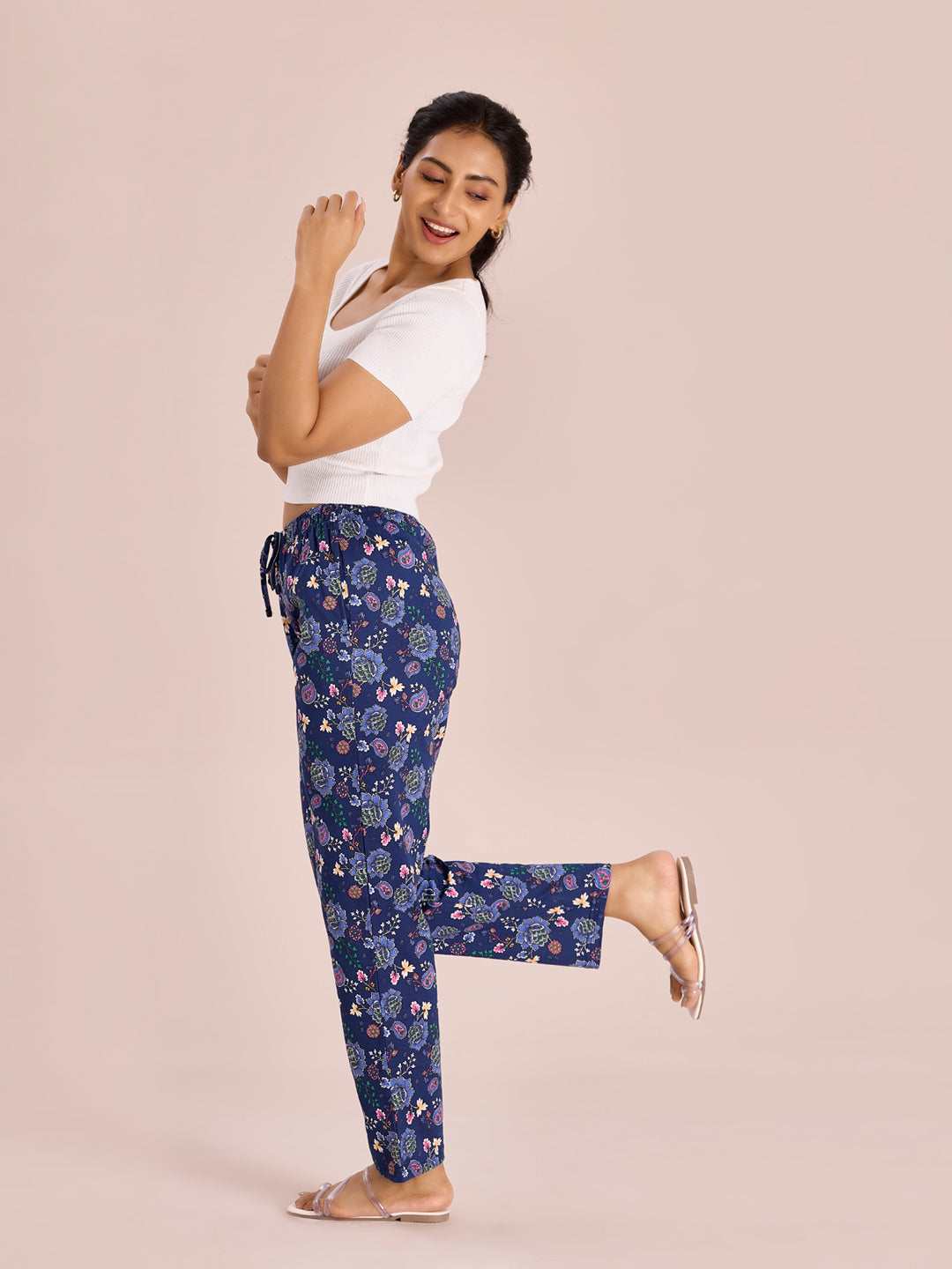 Blue Cotton Knit Printed Lounge Pants