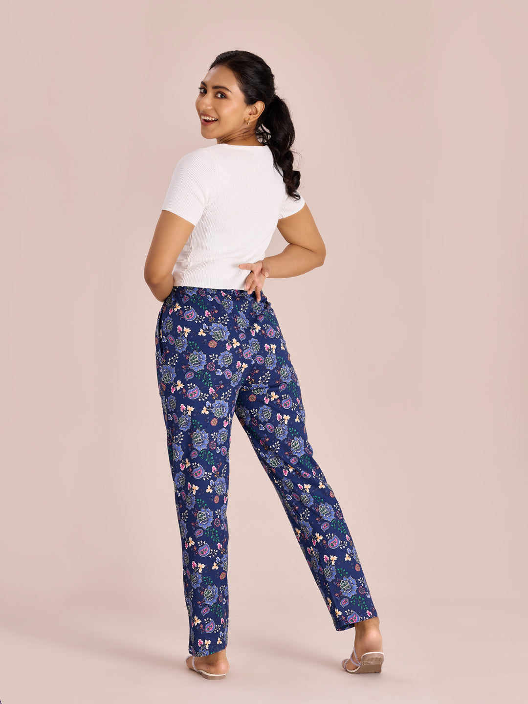 Blue Cotton Knit Printed Lounge Pants