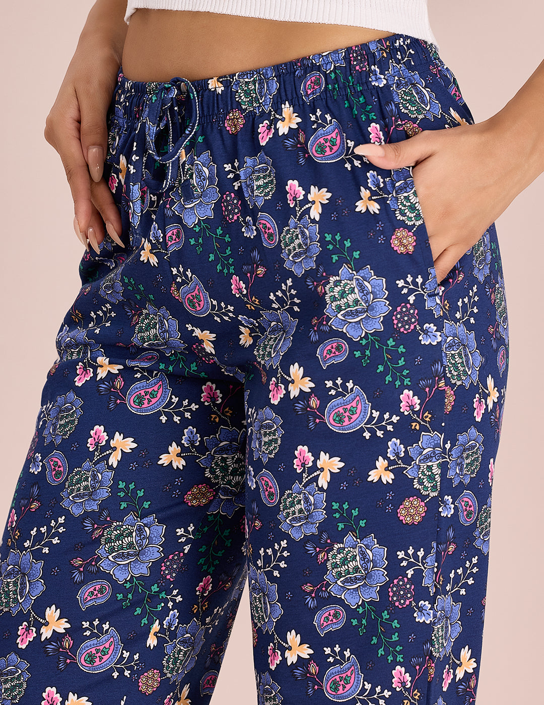 Blue Cotton Knit Printed Lounge Pants