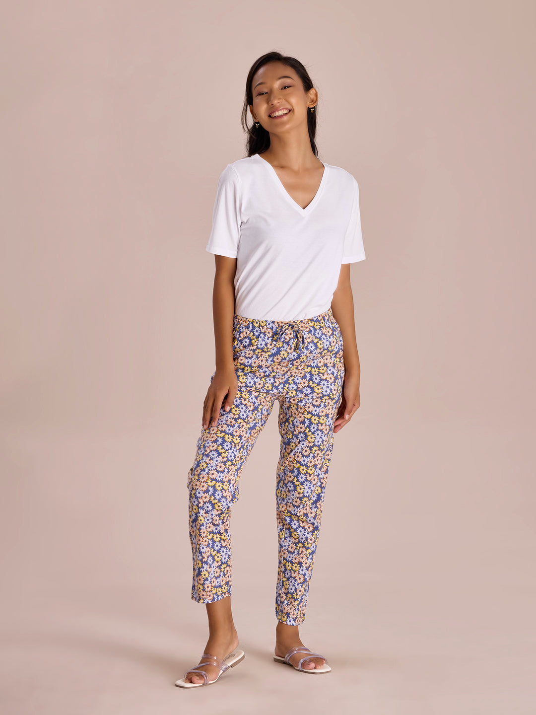 Blue Cotton Knit Printed Lounge Pants